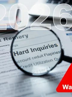 Credit report showing hard inquiries with a magnifying glass and 2026 overlay