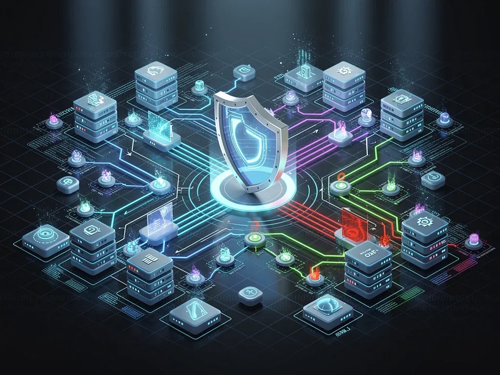 Complex network diagram with digital shield, representing advanced threat detection.