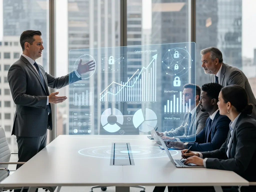 Business professionals analyzing holographic display of cybersecurity market trends.