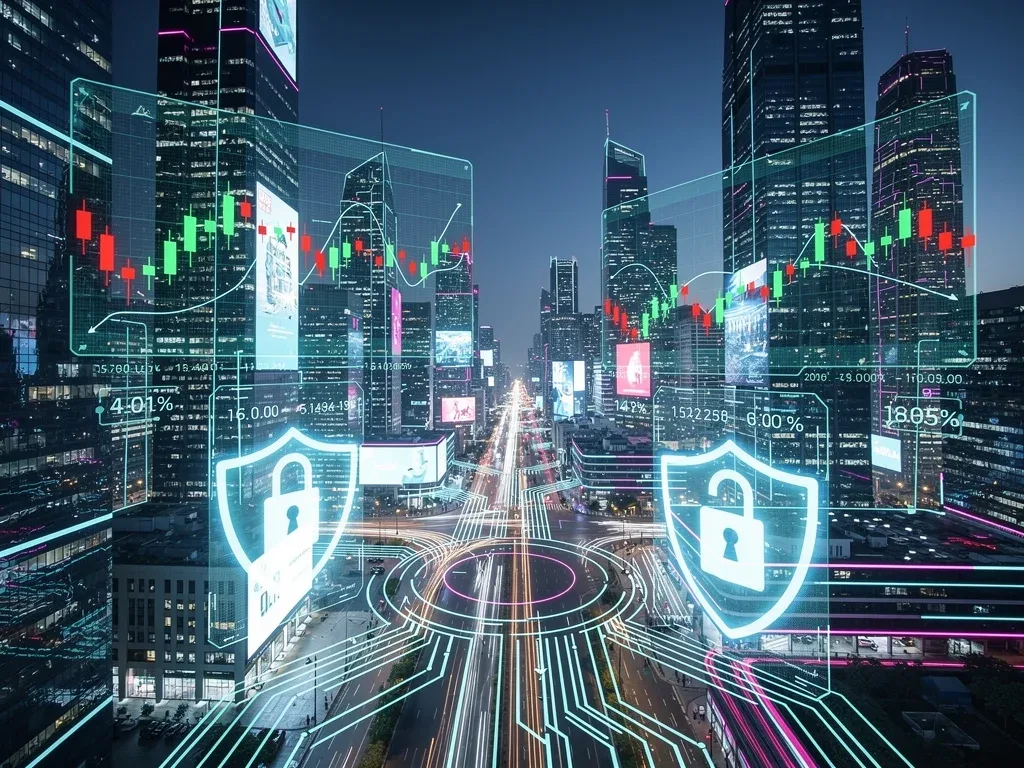 Futuristic digital city with cybersecurity stock charts and glowing data streams.