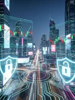 Futuristic digital city with cybersecurity stock charts and glowing data streams.