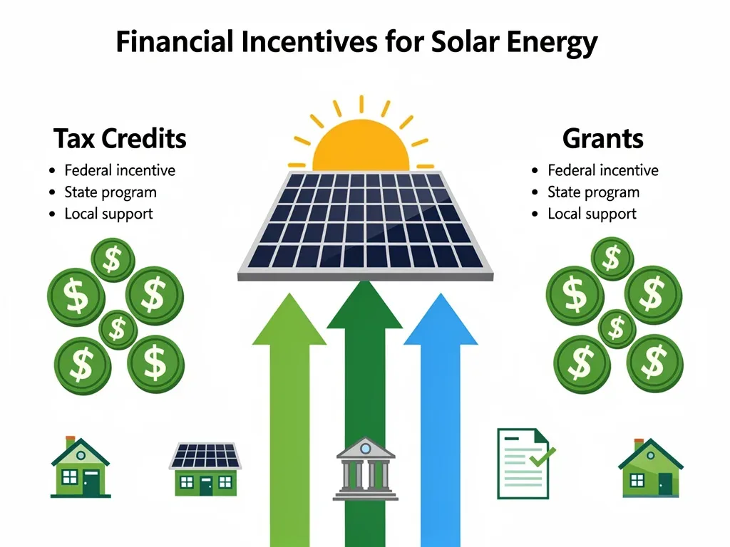 Infographic detailing federal and state solar energy incentives and tax credits