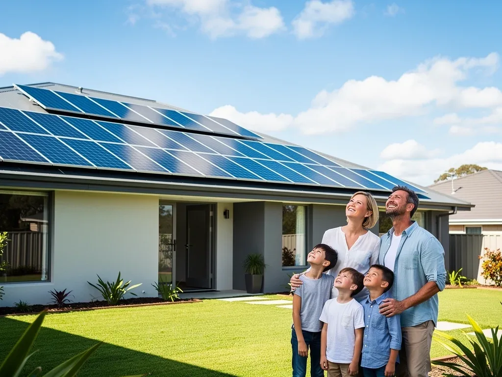 Modern solar panels on a residential rooftop under a clear sky, representing renewable energy savings