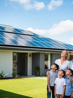 Modern solar panels on a residential rooftop under a clear sky, representing renewable energy savings