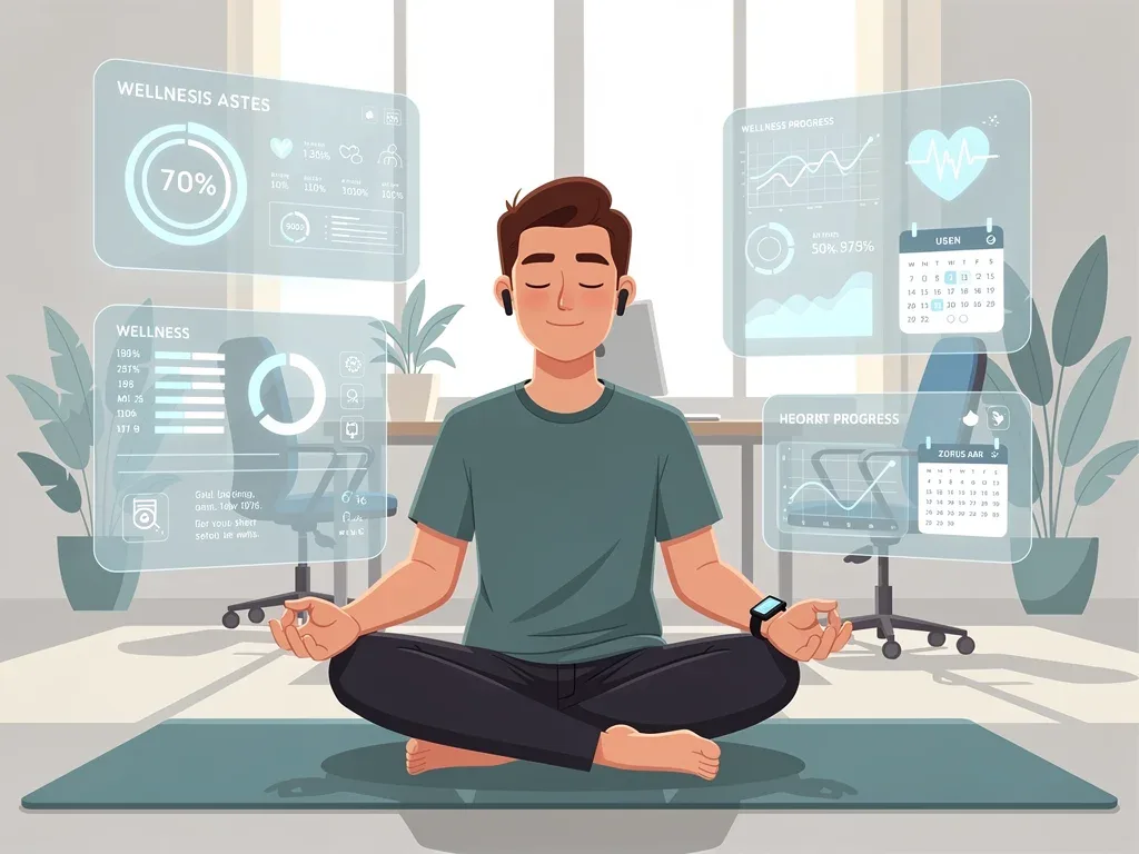 Person meditating with digital wellness program elements, representing personalized support
