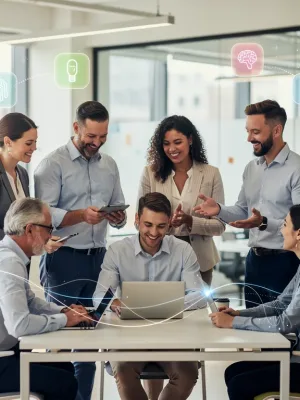 Employees collaborating in a modern office, highlighting mental health support