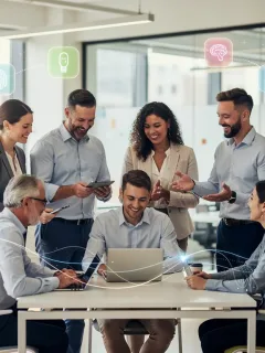 Employees collaborating in a modern office, highlighting mental health support