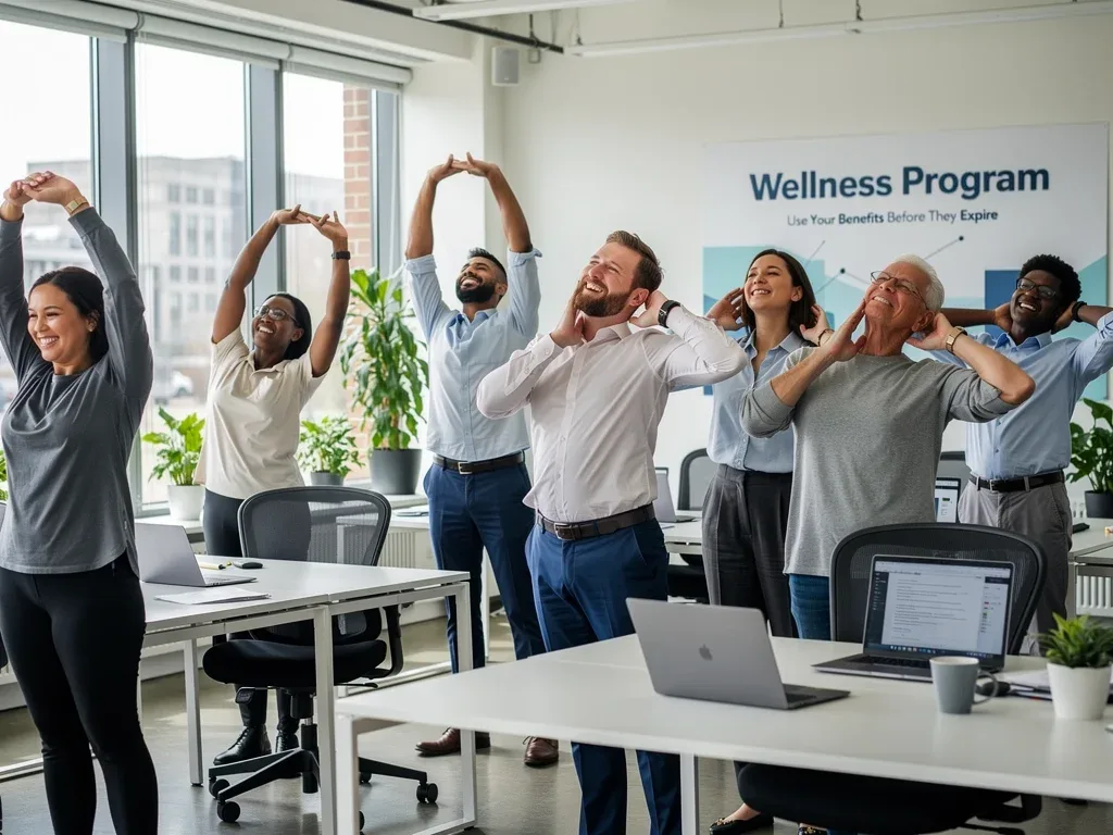 Office workers participating in a group stretching exercise, highlighting corporate wellness.