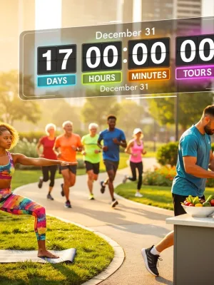 Diverse people actively participating in wellness activities with a digital countdown to December 31st.