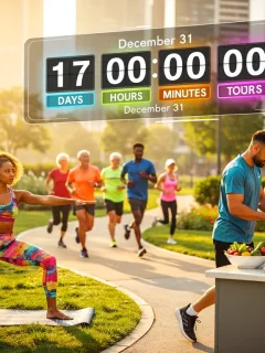 Diverse people actively participating in wellness activities with a digital countdown to December 31st.