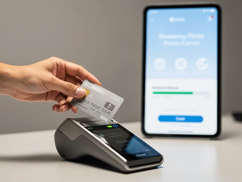 Hand paying with credit card at POS, digital loyalty program visible.
