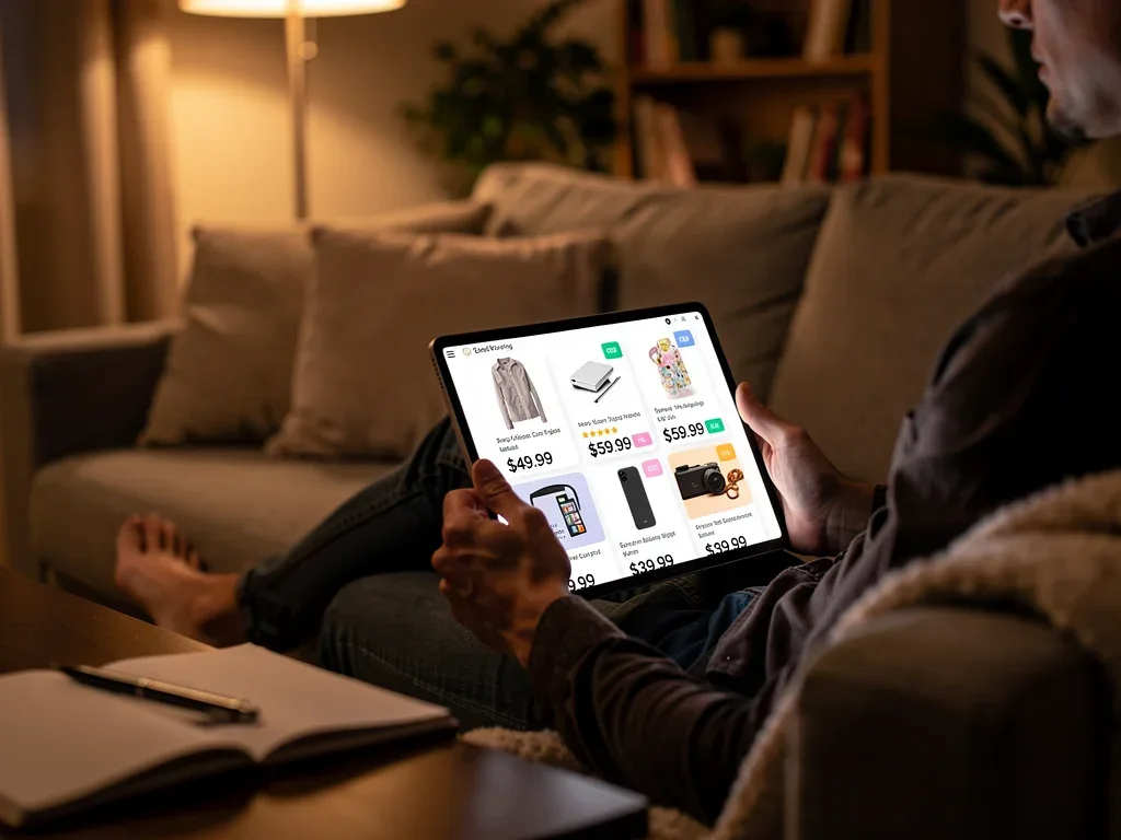 Person comparing prices on tablet, focused on online research.