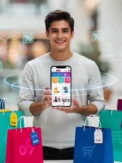 Smart shopping app on phone with shopping bags, symbolizing future savings.