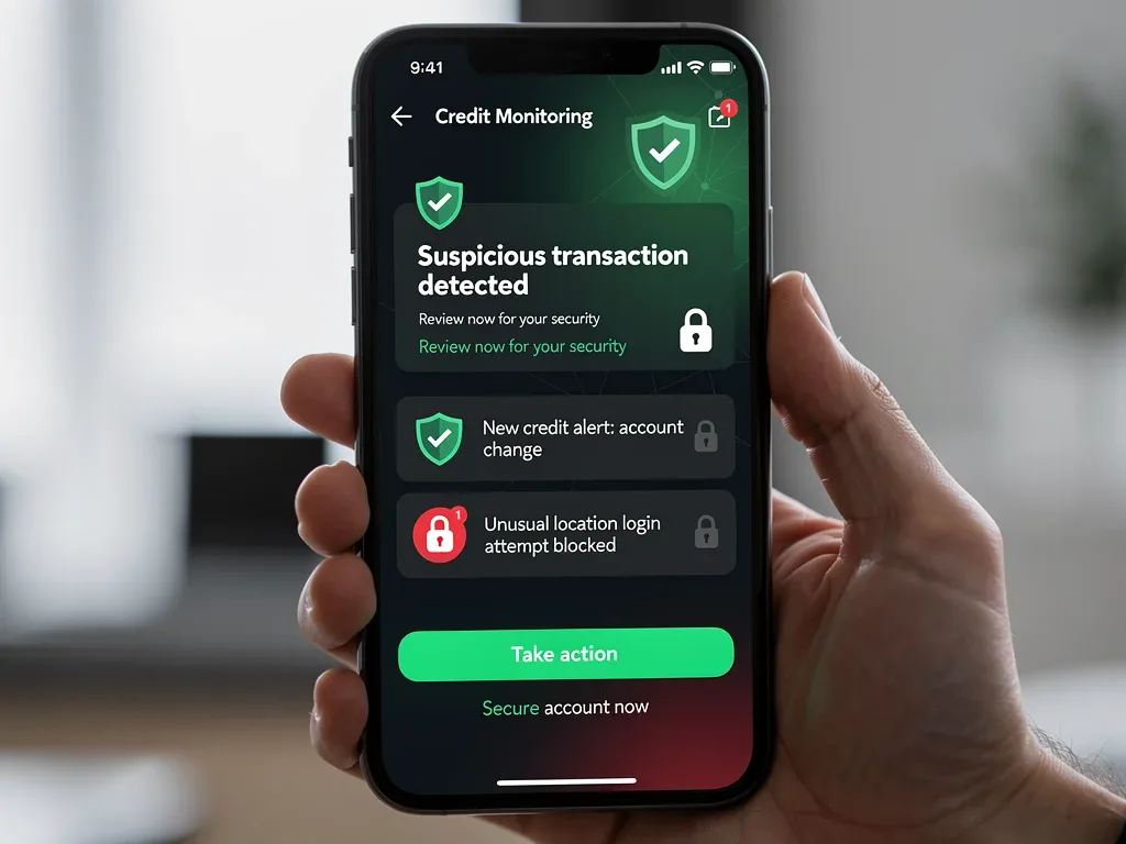 Smartphone displaying real-time credit fraud alerts from a monitoring service.