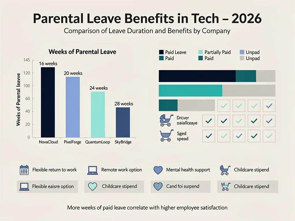 Infographic comparing parental leave durations and benefits across tech companies.