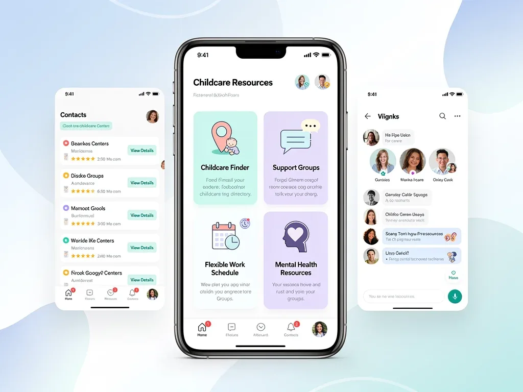 Digital platform for parental support, showing childcare resources and mental health tools.