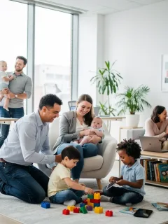 Parents with babies in a modern tech office, symbolizing supportive parental leave policies.