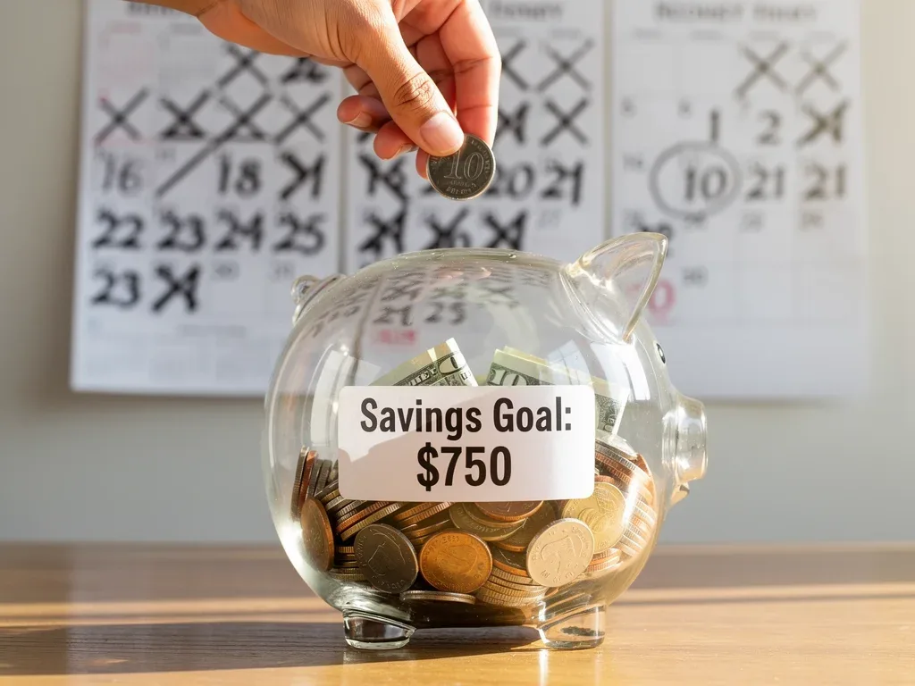Hand putting coin into savings jar, tracking 0 goal over three months