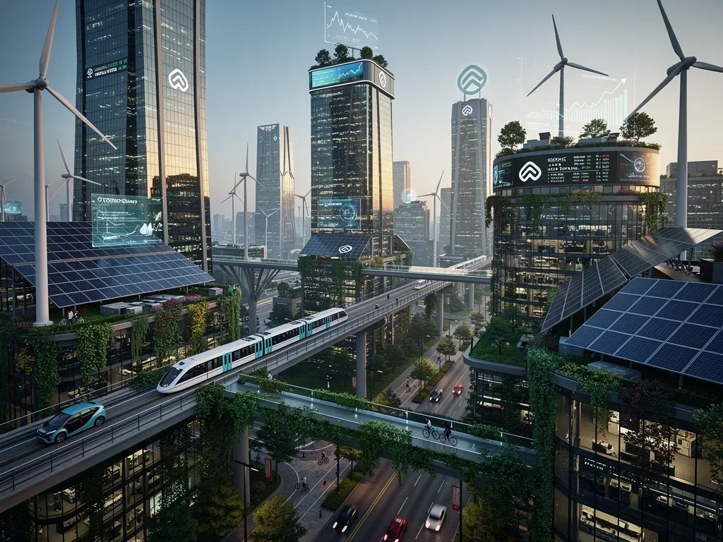Futuristic cityscape with green energy infrastructure, symbolizing sustainable tech IPOs.
