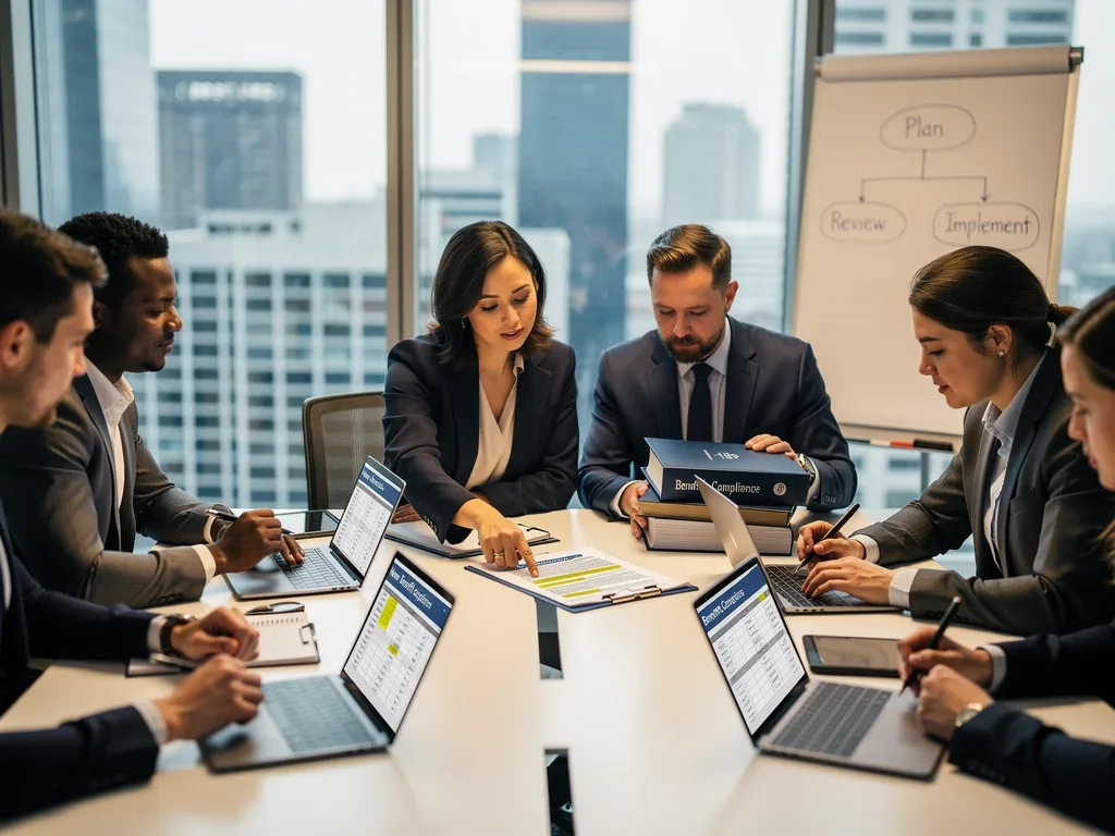 HR and legal team discussing new tech employee benefit regulations