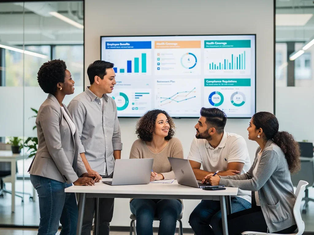 Tech professionals reviewing new employee benefits regulations on a digital screen