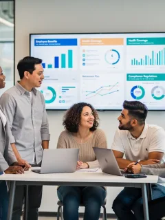 Tech professionals reviewing new employee benefits regulations on a digital screen