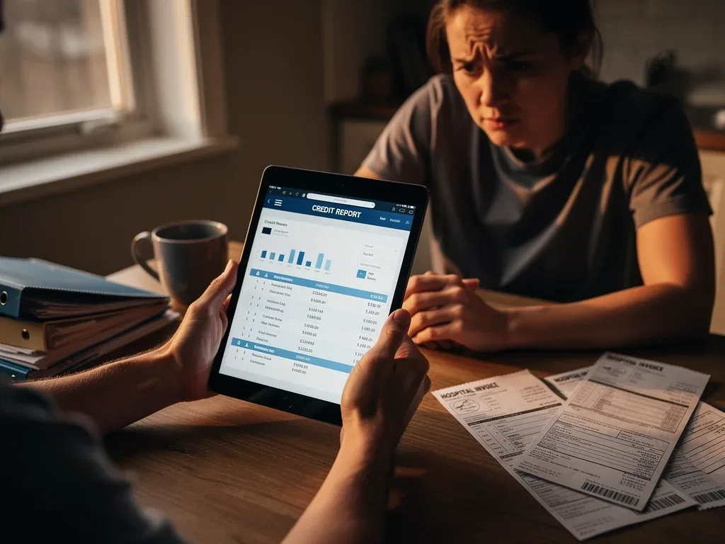 Person reviewing credit report and medical bills