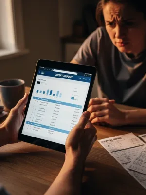 Person reviewing credit report and medical bills