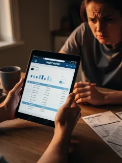 Person reviewing credit report and medical bills