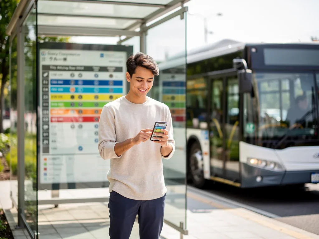 Person conveniently using public transit, checking schedules on phone