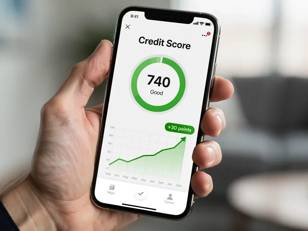 Smartphone displaying credit score dashboard with upward trend, showing 30 point increase.