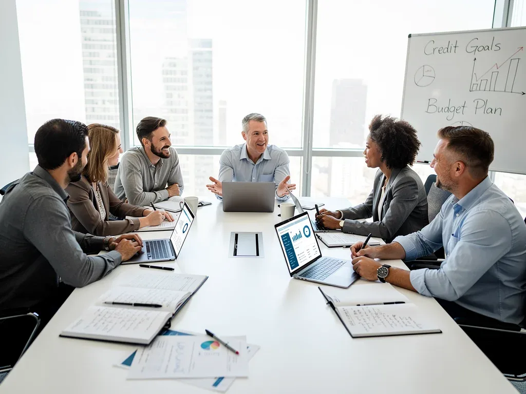 Group of diverse individuals discussing financial strategies and credit building.