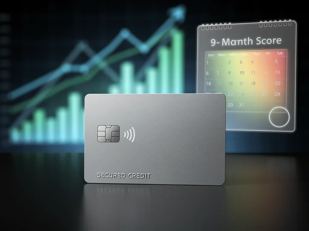 Modern secured credit card with calendar and financial charts, symbolizing credit score growth.