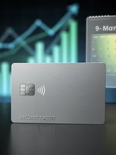 Modern secured credit card with calendar and financial charts, symbolizing credit score growth.