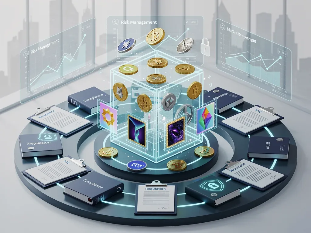 Diverse digital assets secured by robust regulatory framework with legal documents and financial graphs.