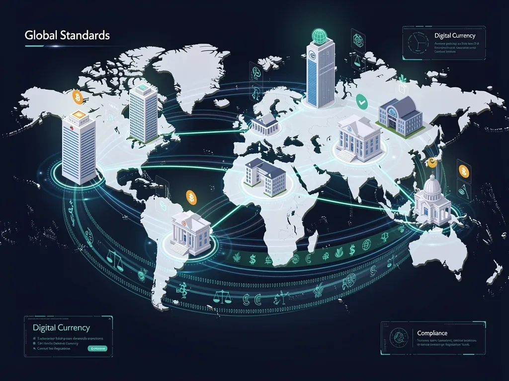Global financial institutions and regulatory bodies collaborating on digital currency standards and policies.