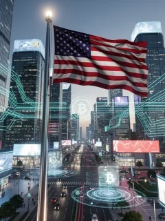 Futuristic digital city with blockchain connections and US flag representing digital currency regulation.