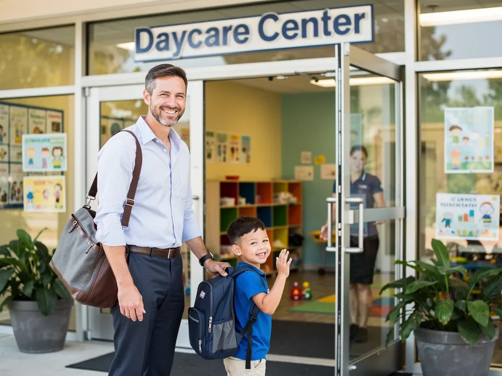 Parent dropping off child at a welcoming daycare center, showing the positive impact of childcare support.