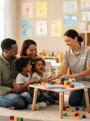 Parents smiling while children play in a modern childcare center, symbolizing effective childcare assistance.