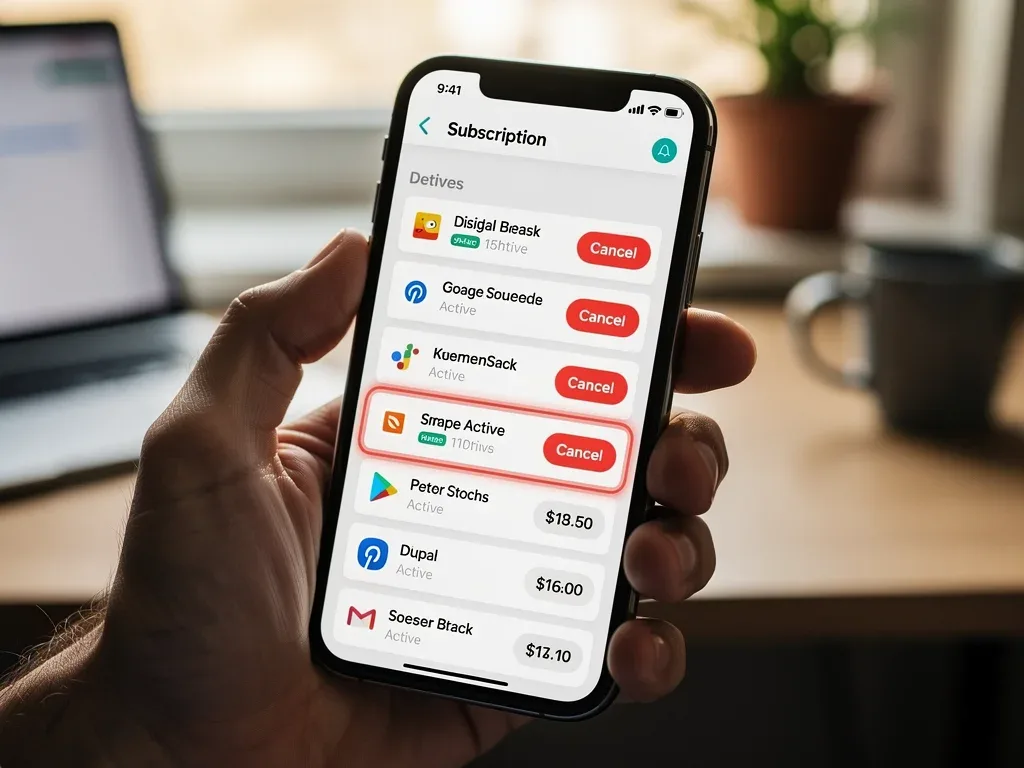 Smartphone showing a subscription management app, indicating services to cancel for financial savings.