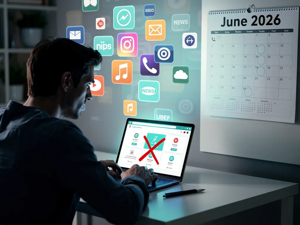 Person reviewing subscriptions on a tablet, aiming to cancel services by June 2026 for savings.