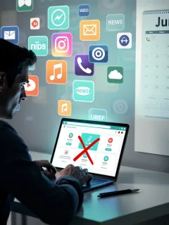 Person reviewing subscriptions on a tablet, aiming to cancel services by June 2026 for savings.