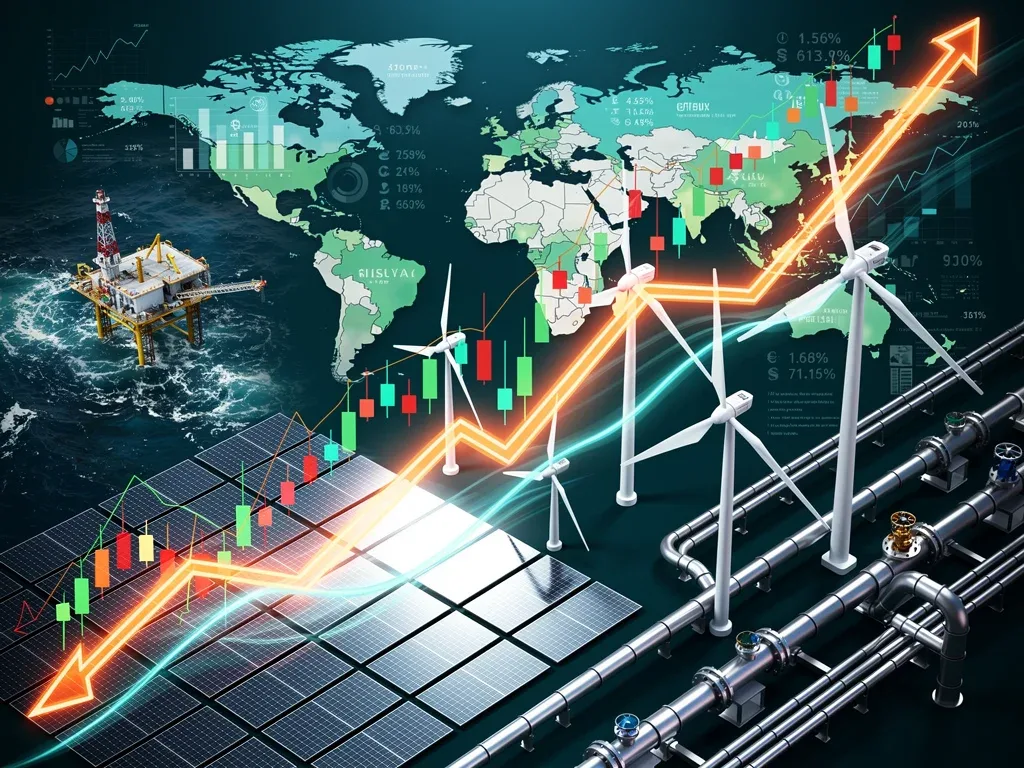 Global energy market forecast with price trends for oil, gas, and renewables.