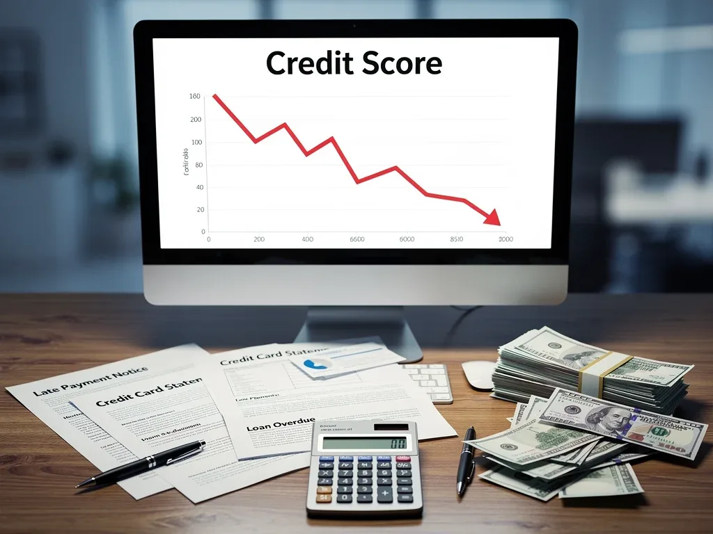 Downward trending credit score graph with financial documents.