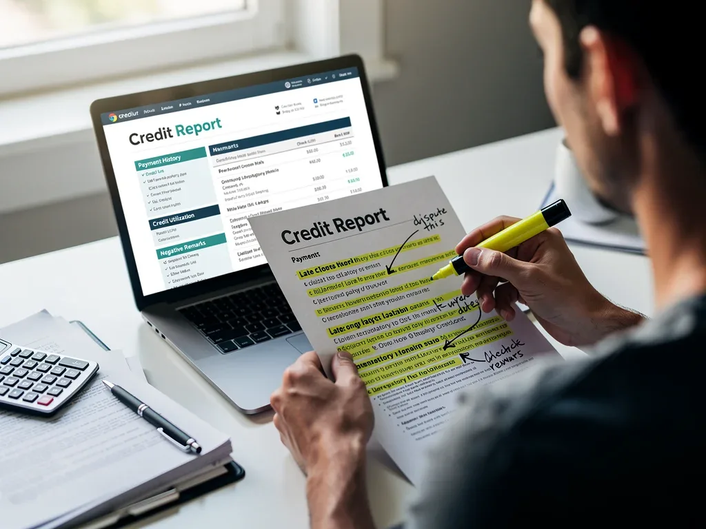 Person reviewing credit report on laptop, focusing on payment history.