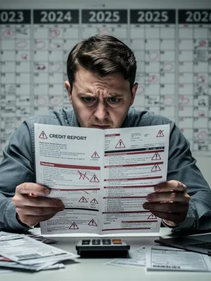 Credit report showing late payments and a calendar, symbolizing long-term financial impact.