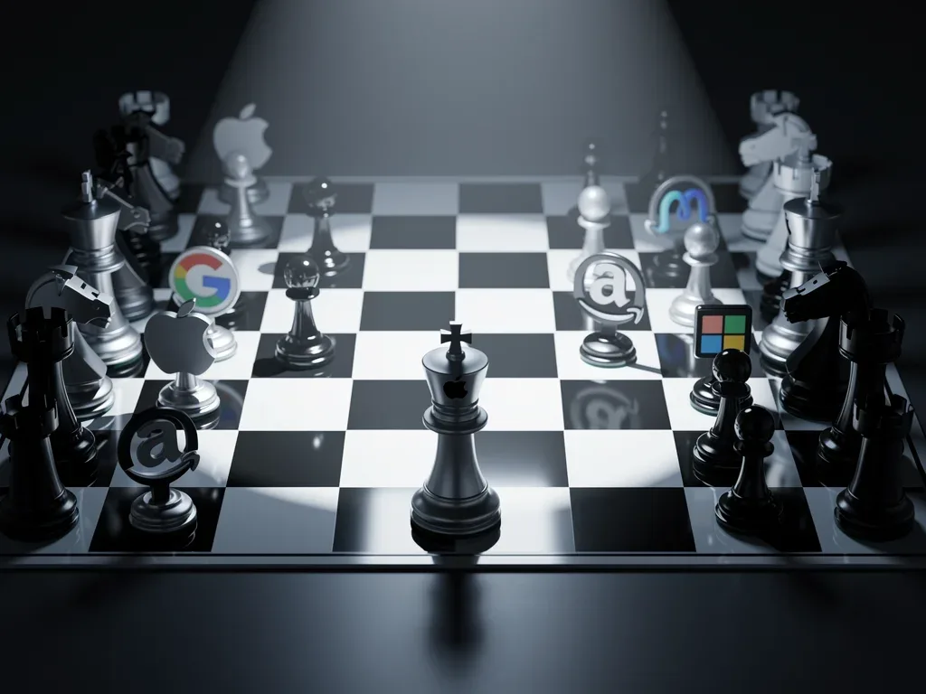Chessboard with tech company logos, representing strategic market positioning and competitive analysis from SEC filings.