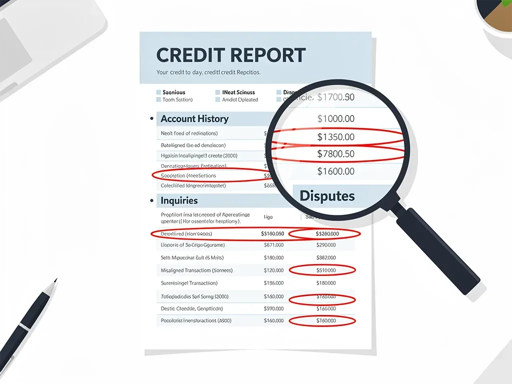 Magnifying glass examining errors on a credit report